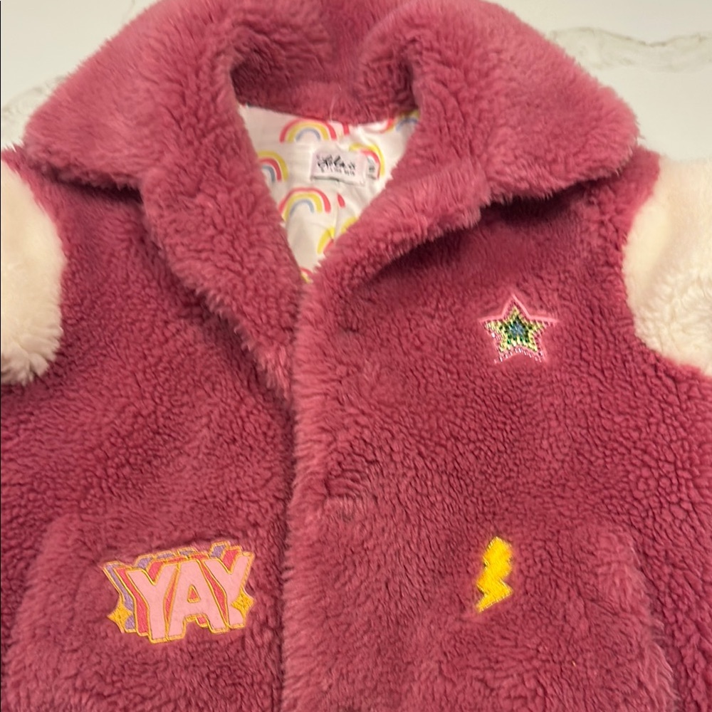 Lola + The Boys Pink and Yellow Puffer Jacket with Fun Patches